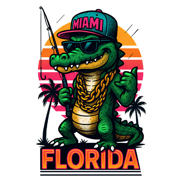 Green alligator holding a fishing rod, wearing a Miami cap, gold chains and black sunglasses, with the word Florida at the bottom.