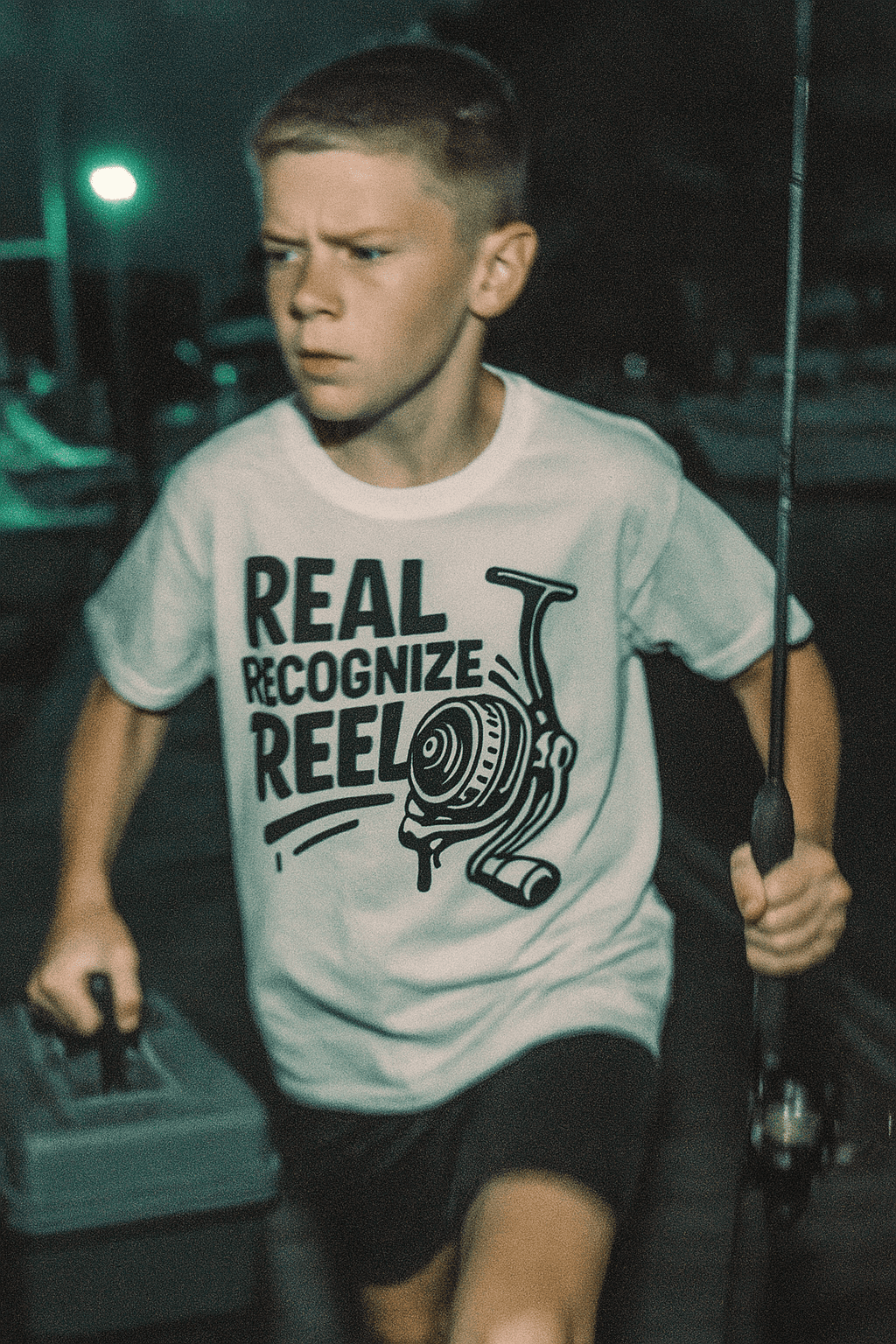 14 year old boy with tackle box and fishing rod wearing Real Recognize Reel tshirt by Made In Dade