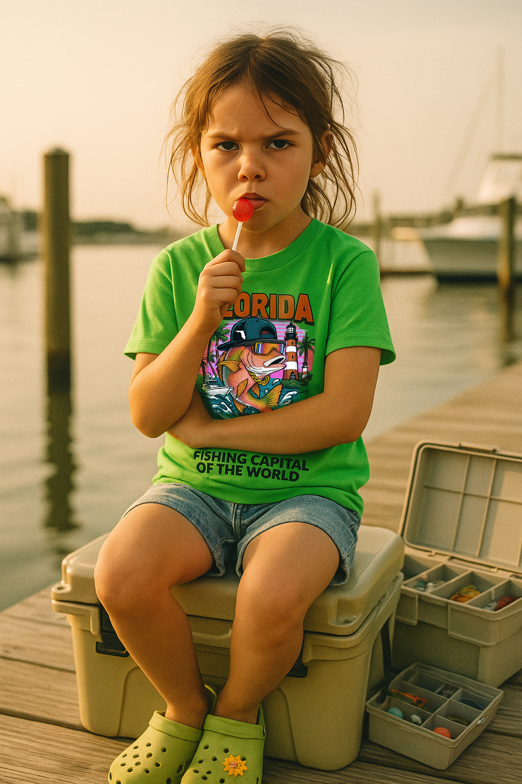 Young girl sadly enjoying a lollipop while sitting on top of a Yeti color on a boat dock wearing a neon green Florida Fishing Capital tshirt by Made In Dade