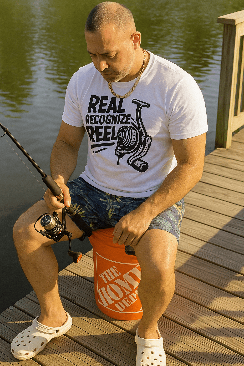 man holding a fishing rod while sitting on a dock wearing the Real Recognize Reel tshirt by Made In Dade