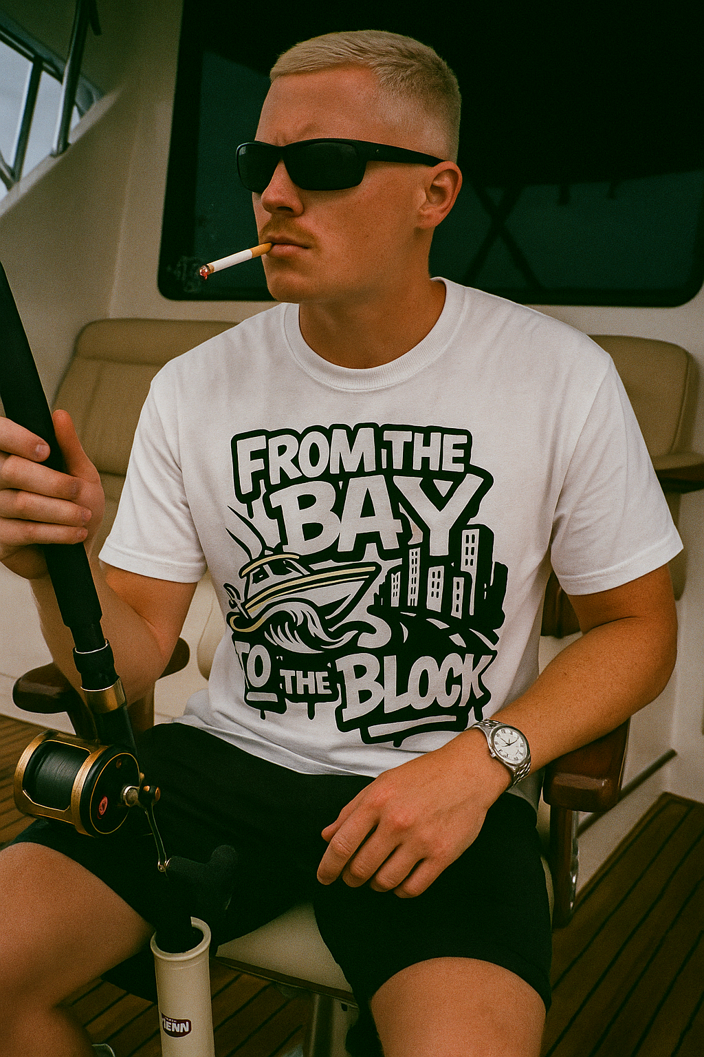 man on a fishing boat wearing the bay to the block tshirt by made in dade