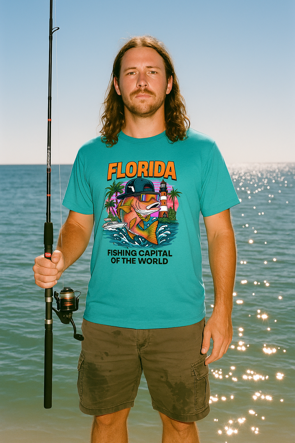 Long haired man by the ocean holding a fishing rod wearing a teal Florida Fishing Capital tshirt by Made In Dade