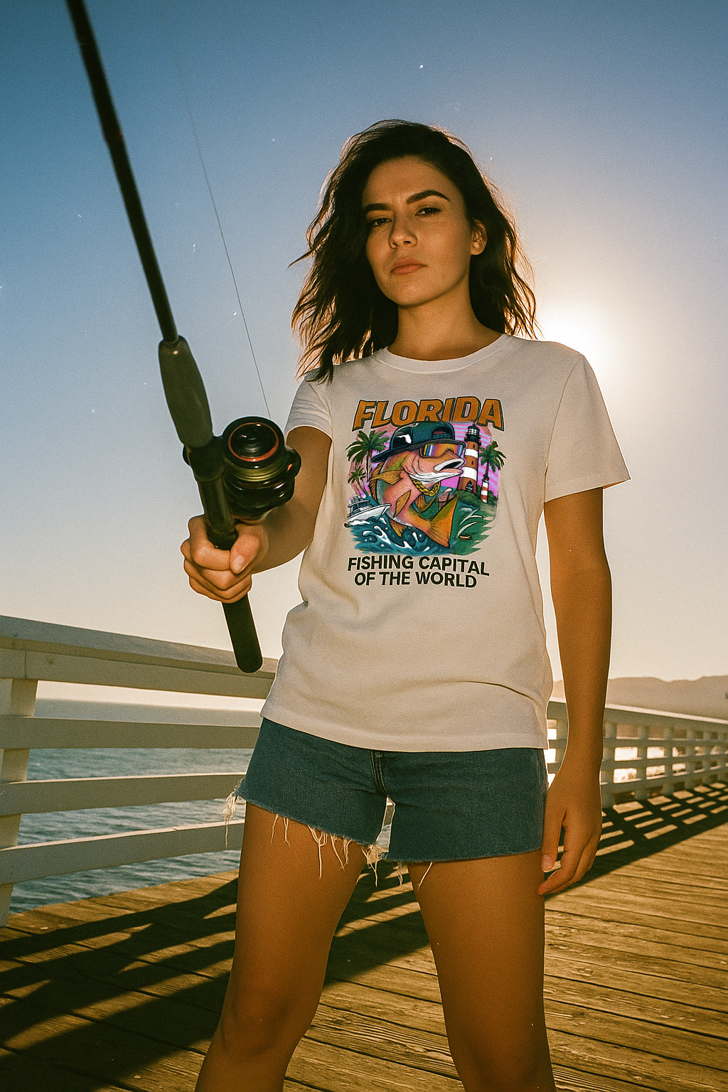 Young woman by the fishing pier holding a fishing rod wearing a white Florida Fishing Capital tshirt by Made In Dade