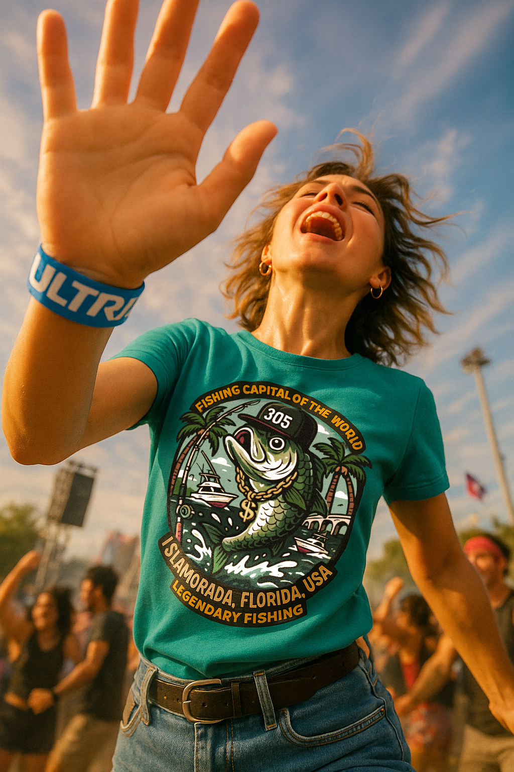 Young lady dancing at Ultra Music Fest wearing a teal Islamorada Fishing Capital tshirt by Made In Dade