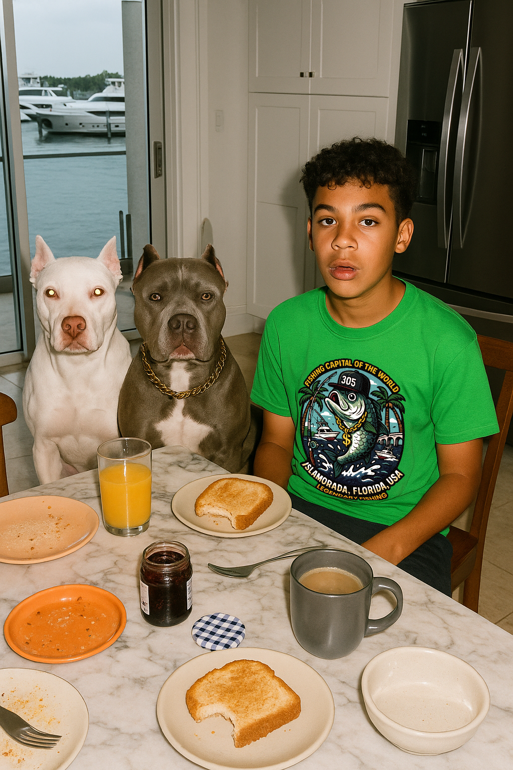 Young teenage boy sitting next to two pitbull dogs at the breakfast table, the boy is wearing the neon green Islamorada Fishing Capital tshirt by Made In Dade