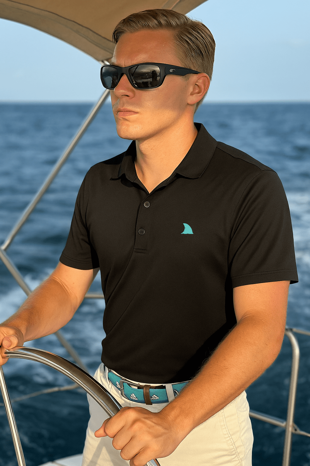 Blonde man at the helm of a Yacht wearing Black Polo Fin Collard Shirt by Made In Dade