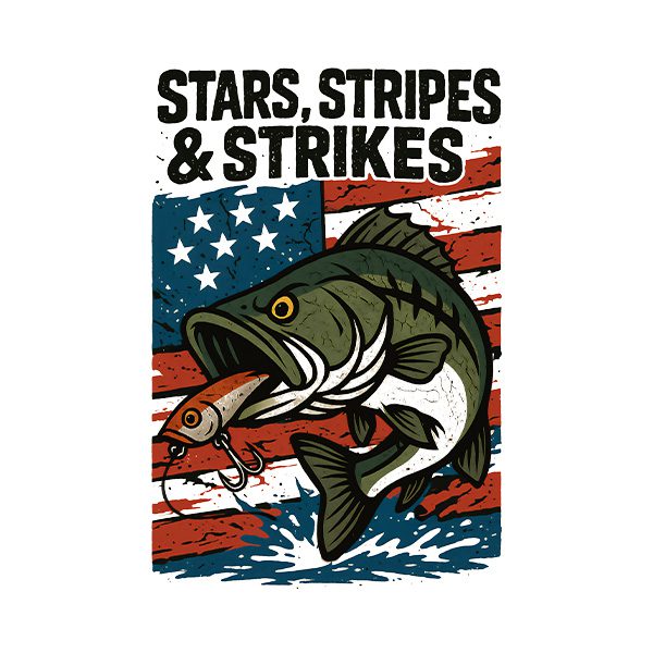 Stars, Stripes & Strikes design with a bass in action after a lure with the American Flag