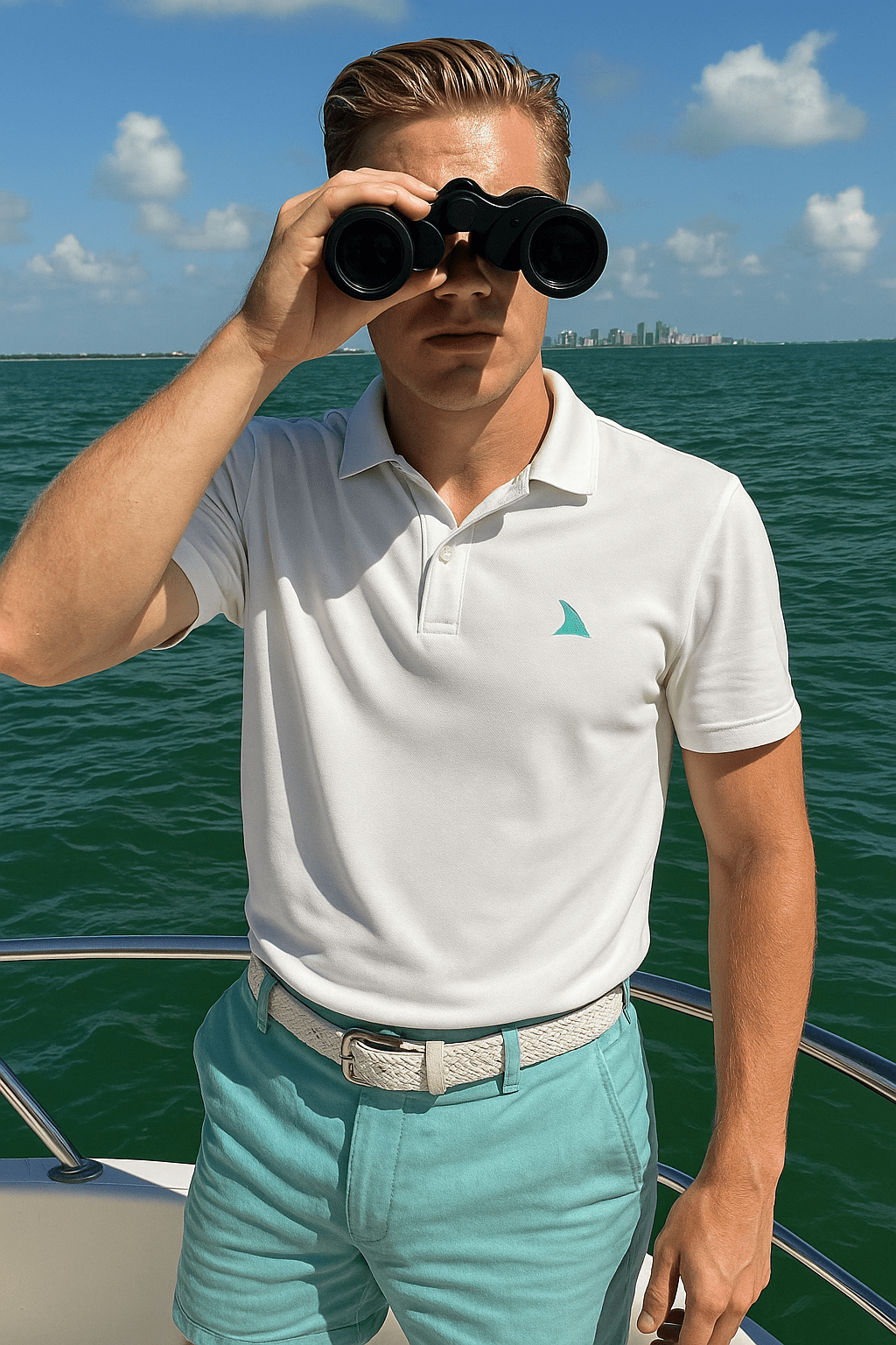 Blonde man on a Yacht in the Atlantic ocean with Miami in the background, wearing White Polo Fin Collard Shirt by Made In Dade