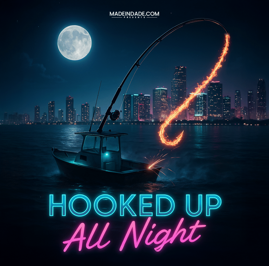 Miami fishing boat at night with bent rod and city skyline — Hooked Up All Night cover art